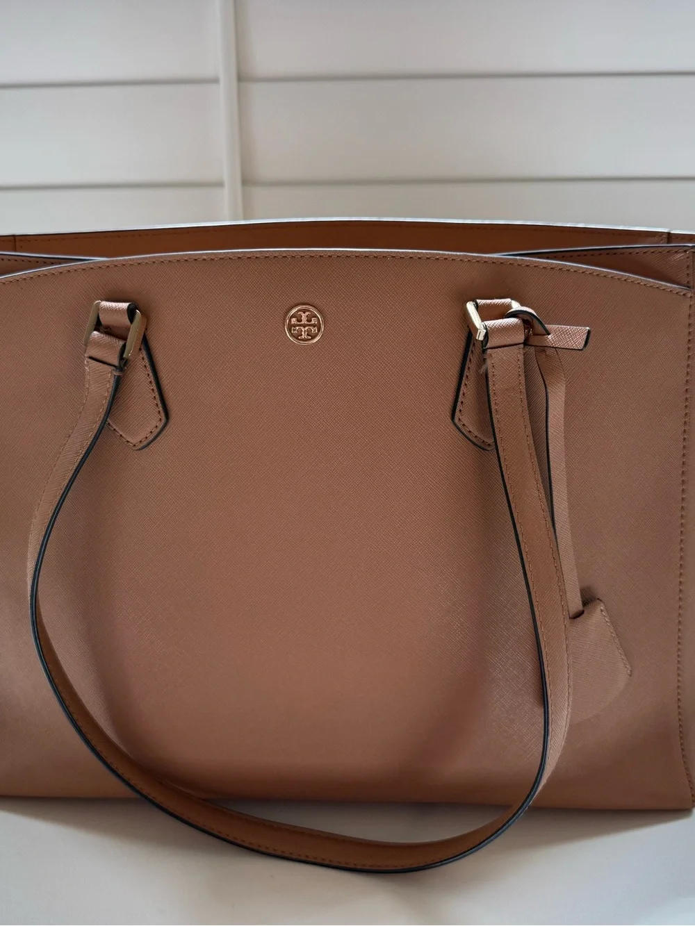 Tory Burch Cognac Saffiano Leather Tote with Logo Accent
